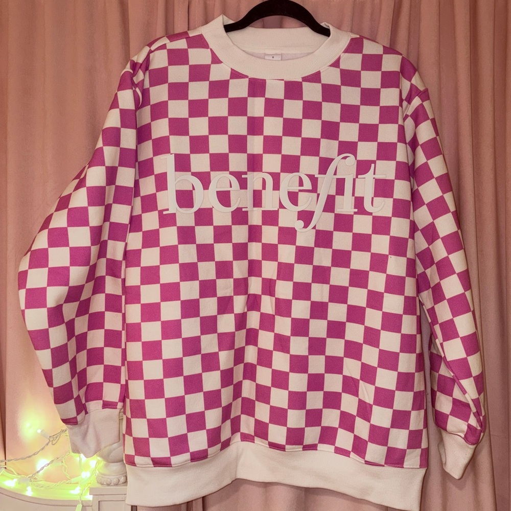 Benefit Cosmetics Novelty Pink and White Checkerboard Crewneck Sweatshirt